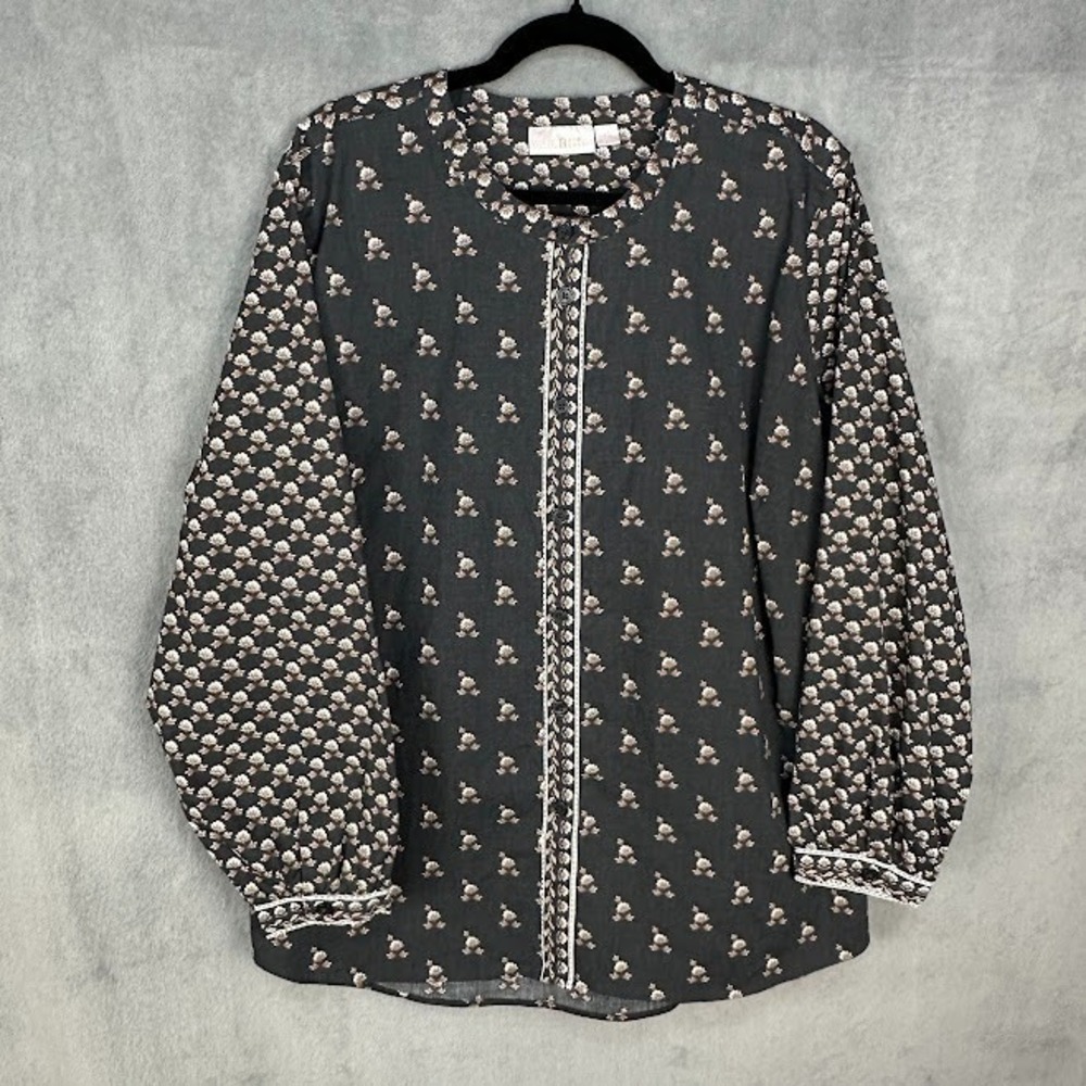 Belle Kim Gravel Top Womens 3X Gray Button Long Sleeve Cottage Peasant Boho